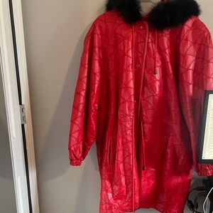 Vintage Chic Red Quilted Women's Puffer Coat with Faux Fur Trim